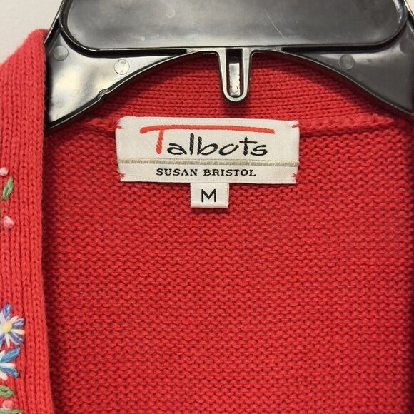 Vintage Talbots Susan Bristol Red Cotton Button Up Cardigan Floral Embroidered - Picture 5 of 14